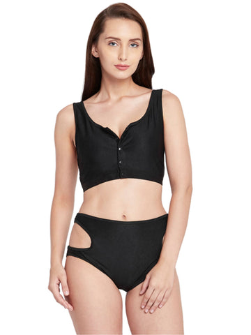 Berry's Intimatess Black Buttoned Blouse Styled Swim Top with Side Cut Out High Waist Bottoms with Removable Cups