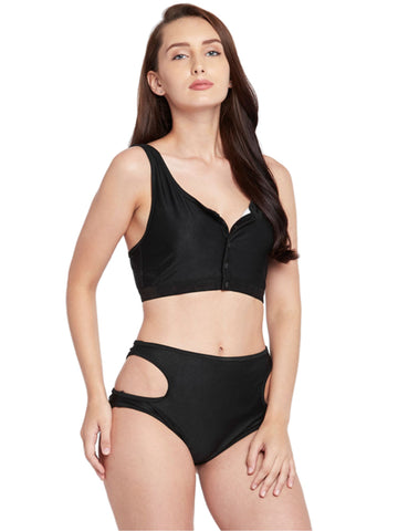 Berry's Intimatess Black Buttoned Blouse Styled Swim Top with Side Cut Out High Waist Bottoms with Removable Cups