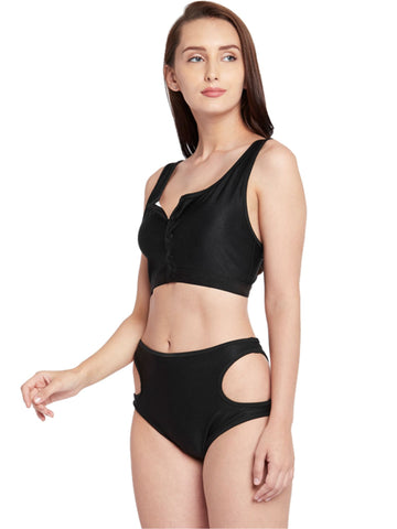 Berry's Intimatess Black Buttoned Blouse Styled Swim Top with Side Cut Out High Waist Bottoms with Removable Cups