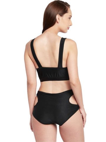 Berry's Intimatess Black Buttoned Blouse Styled Swim Top with Side Cut Out High Waist Bottoms with Removable Cups