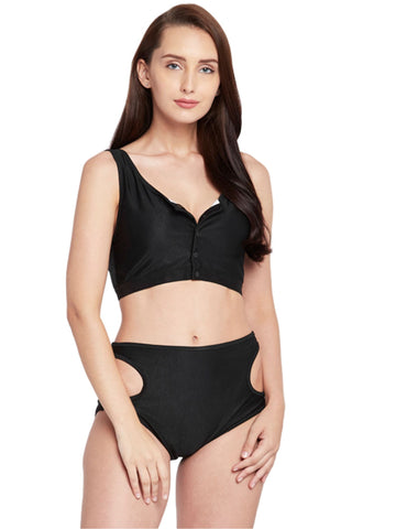 Berry's Intimatess Black Buttoned Blouse Styled Swim Top with Side Cut Out High Waist Bottoms with Removable Cups