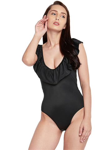 Berry's Intimatess Black Frilly Neckline Decorated One Piece Swimsuit with Removable Cups