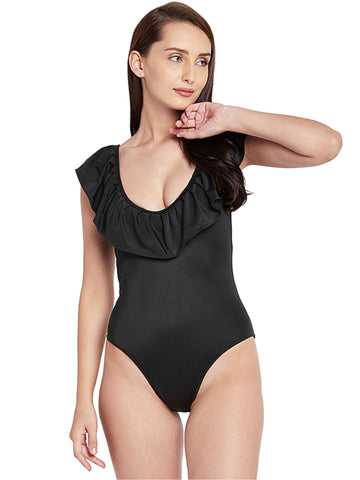 Berry's Intimatess Black Frilly Neckline Decorated One Piece Swimsuit with Removable Cups