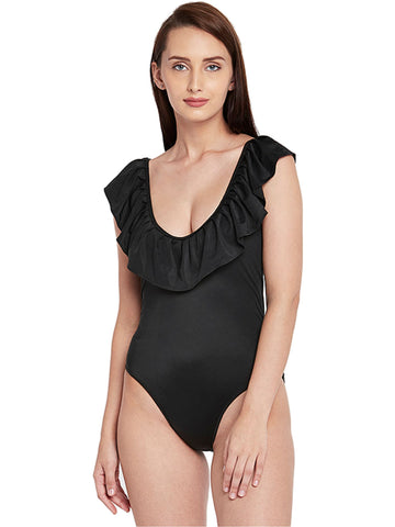 Berry's Intimatess Black Frilly Neckline Decorated One Piece Swimsuit with Removable Cups