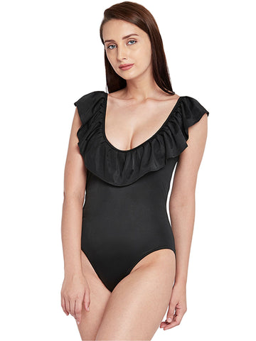 Berry's Intimatess Black Frilly Neckline Decorated One Piece Swimsuit with Removable Cups