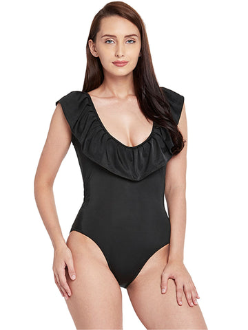 Berry's Intimatess Black Frilly Neckline Decorated One Piece Swimsuit with Removable Cups