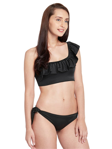 Berry's Intimatess Black One Shoulder Frilly Swim Top with Side Knot Bikini Bottom Bikini with Removable Cups