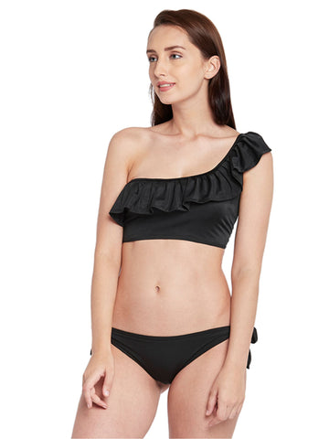 Berry's Intimatess Black One Shoulder Frilly Swim Top with Side Knot Bikini Bottom Bikini with Removable Cups