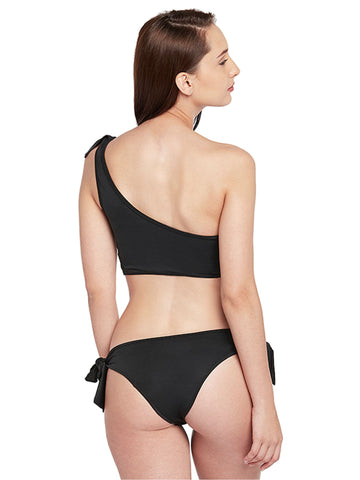 Berry's Intimatess Black One Shoulder Frilly Swim Top with Side Knot Bikini Bottom Bikini with Removable Cups