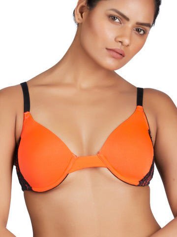 Berry's Intimatess Orange & Black color Underwired & Heavily Padded with Medium Coverage Push-Up Bra