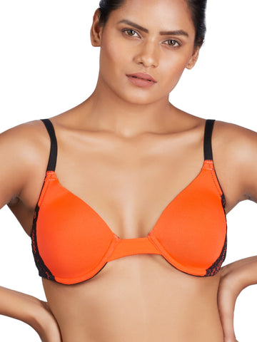Berry's Intimatess Orange & Black color Underwired & Heavily Padded with Medium Coverage Push-Up Bra