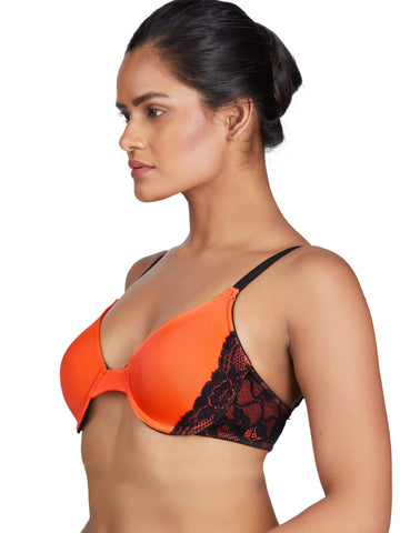Berry's Intimatess Orange & Black color Underwired & Heavily Padded with Medium Coverage Push-Up Bra