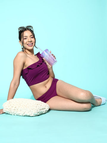 Berry's Intimatess Eggplant Neck Frill One Shoulder Two Piece Swimwear
