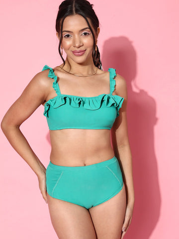 Berry's Intimatess Teal Green Ruffle Bikini Set – High-Waist Swimwear