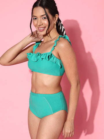 Berry's Intimatess Teal Green Ruffle Bikini Set – High-Waist Swimwear